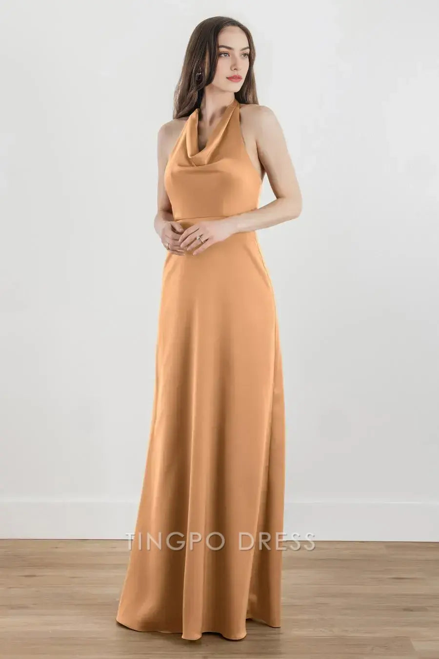 TingPo Wholesale Elegant Caramel Satin Halter Cowl Neck Dress - Elegant Formal Gown